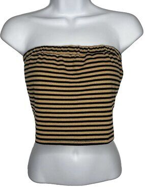 Vintage 80s 90s Ups & Downs Tube Top Size M Black Beige Striped Ribbed Knit